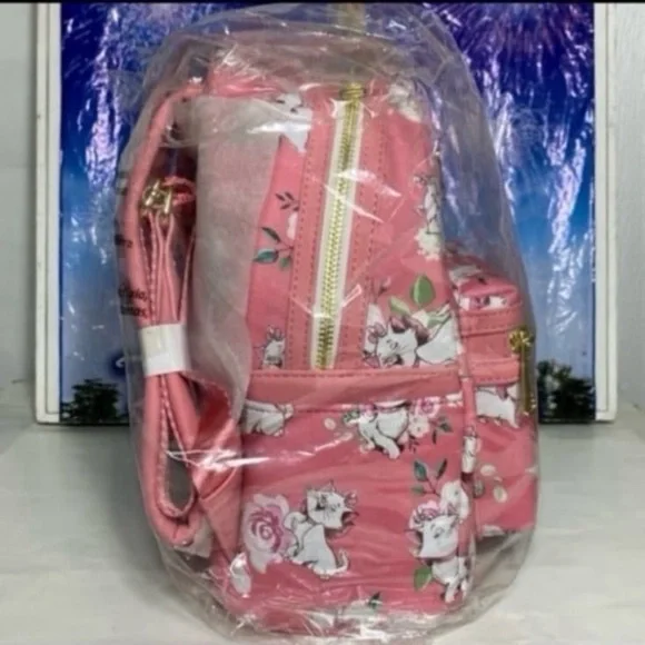 Disney aristocats pink Marie floral Loungefly mini backpack and wallet SET NWT